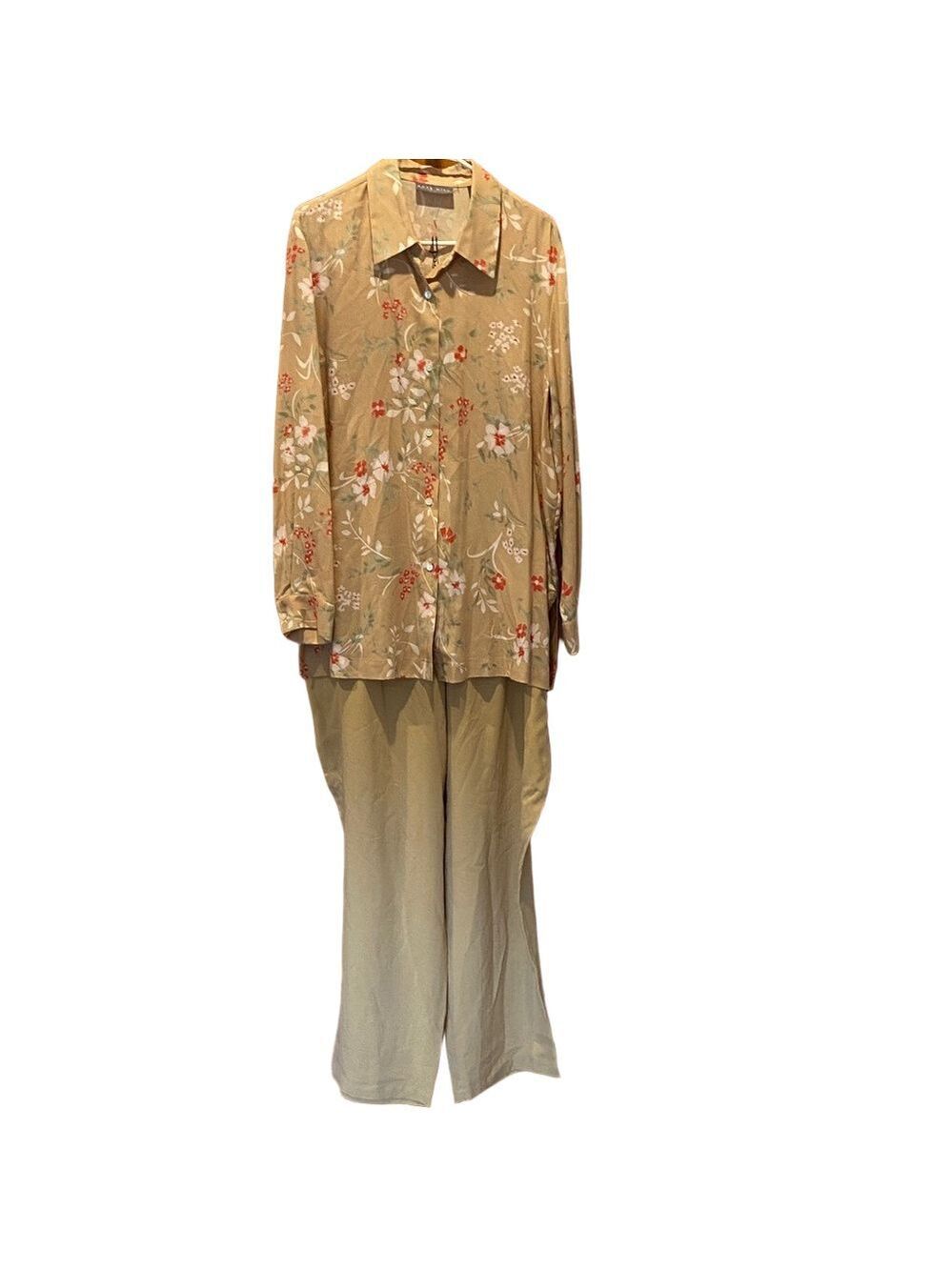 Kate Hill Lord & Taylor Vintage 100% Silk Beige Floral Top and Pant Set Size XL